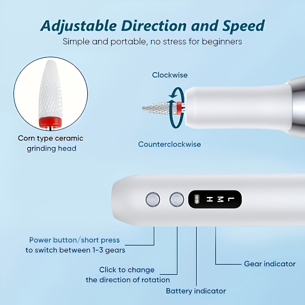Rechargeable USB Automatic Nail Polisher, Portable Electric Nail Enhancement, with Variable Speed Electric Nail Cutter Tool, Including Nail File And Cuticle Push Rod, Suitable for Gel Nail DIY, Grinding, Polishing, Nail Enhan
